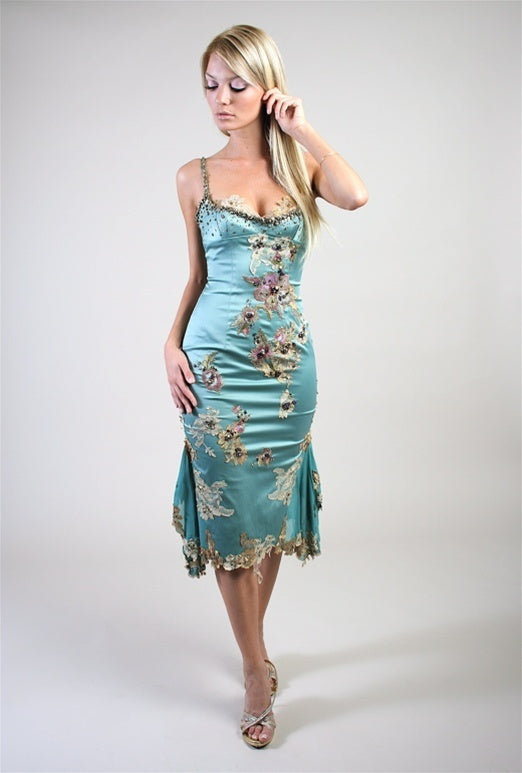 Vintage Blue Mermaid Spaghetti Strap Beaded Lace Appliques Satin Homecoming Dress DP3115