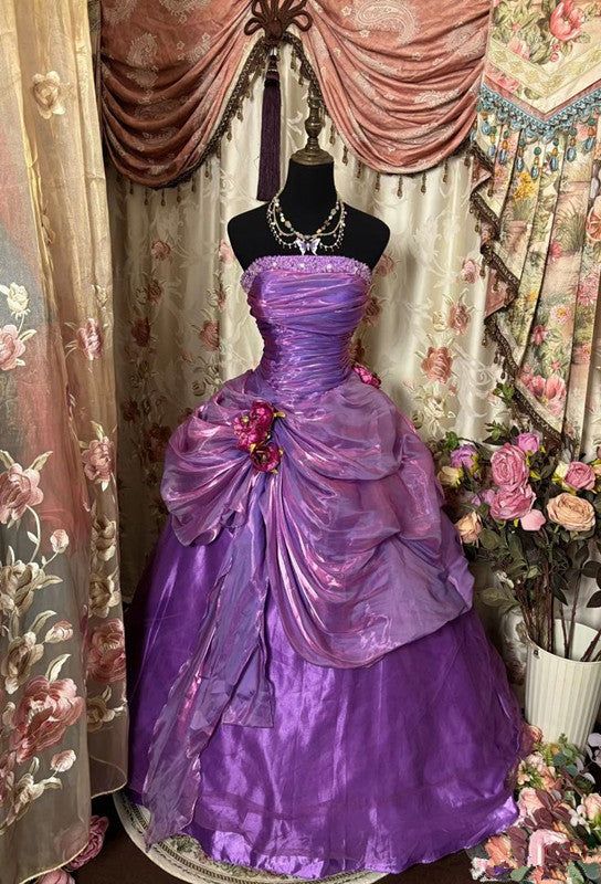 Vintage Purple Ball Gown Strapless Beaded Pleated Organza Prom Dress 22th Birthday Dress DP4062
