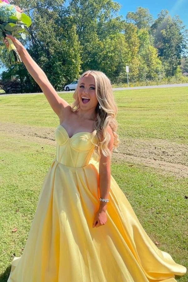 Yellow A Line Sweetheart Corset Satin Prom Dress DP822