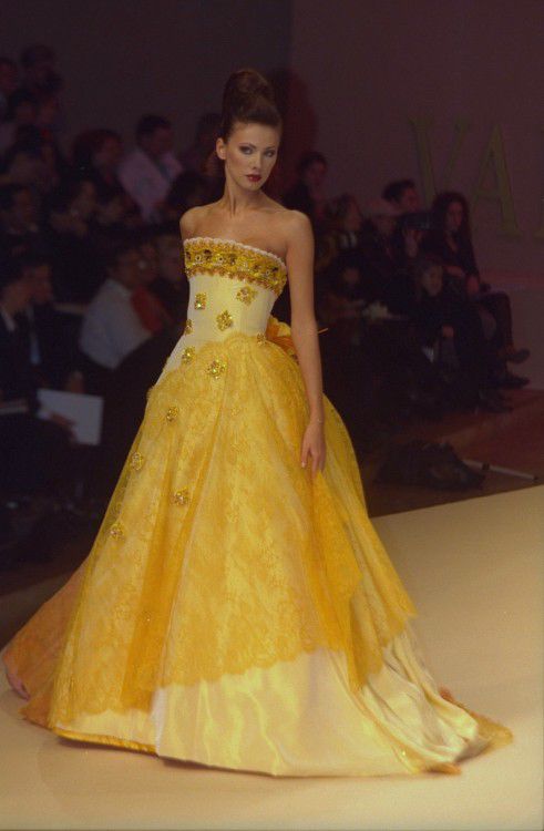 Vintage Yellow A Line Strapless Beaded Lace Satin Long Prom Dress DP8140