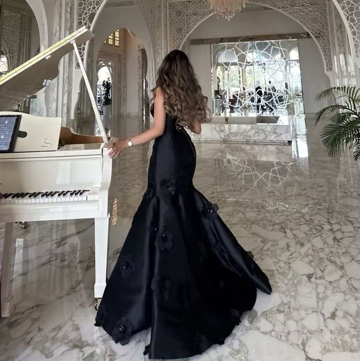 Black Elegant Mermaid Strapless Floral Satin Long Party Dress Date Dress DP2934