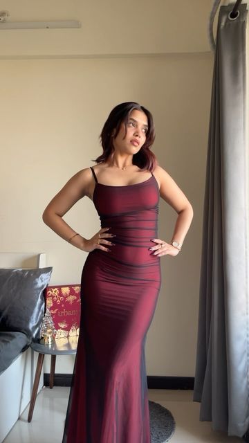 Mermaid Spaghetti Strap Black Tulle Burgundy Satin Party Dress Evening Dress DP2884