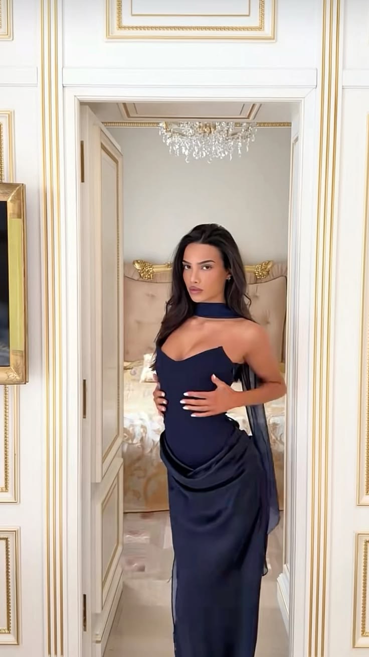Charming Navy Blue Sheath Strapless Satin Long Prom Dress Date Dress DP6634