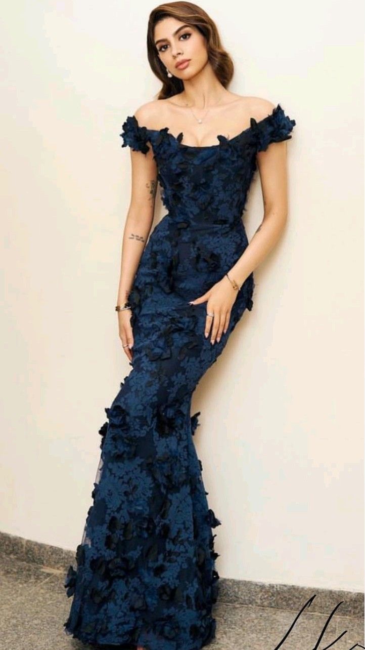 Navy Blue 3D Appliques Mermaid Satin Long Prom Dress Evening Dress DP2924