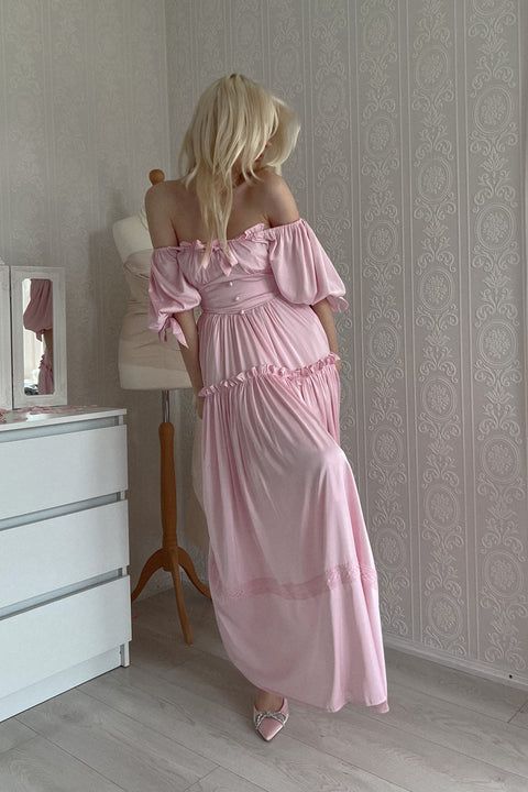 Princess Pink A Line Off the Shoulder Satin Long Prom Dress Wedding Guest Dress with Slit DP4082