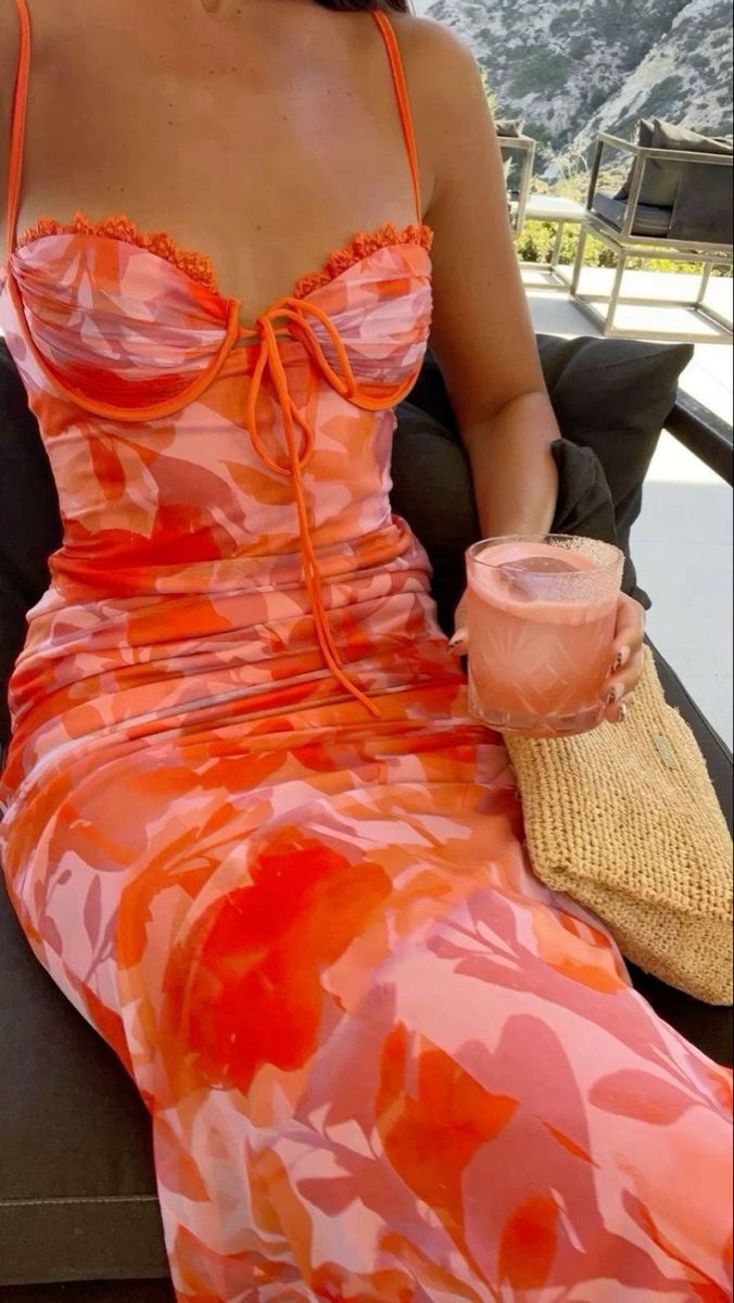 Vitality Orange Print Floral Chiffon Long Prom Dress Date Dress Cocktail Dress DP2995