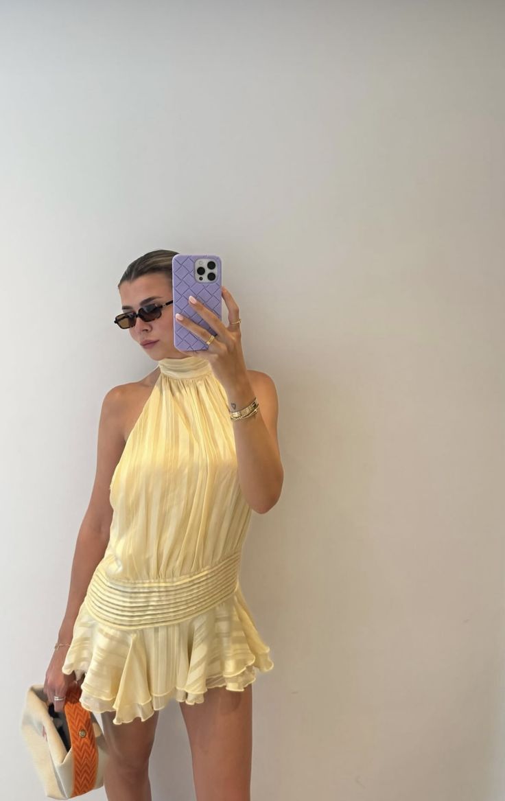 Yellow A Line Halter Satin Short Open Back Homecoming Dress Birthday Dress DP4014