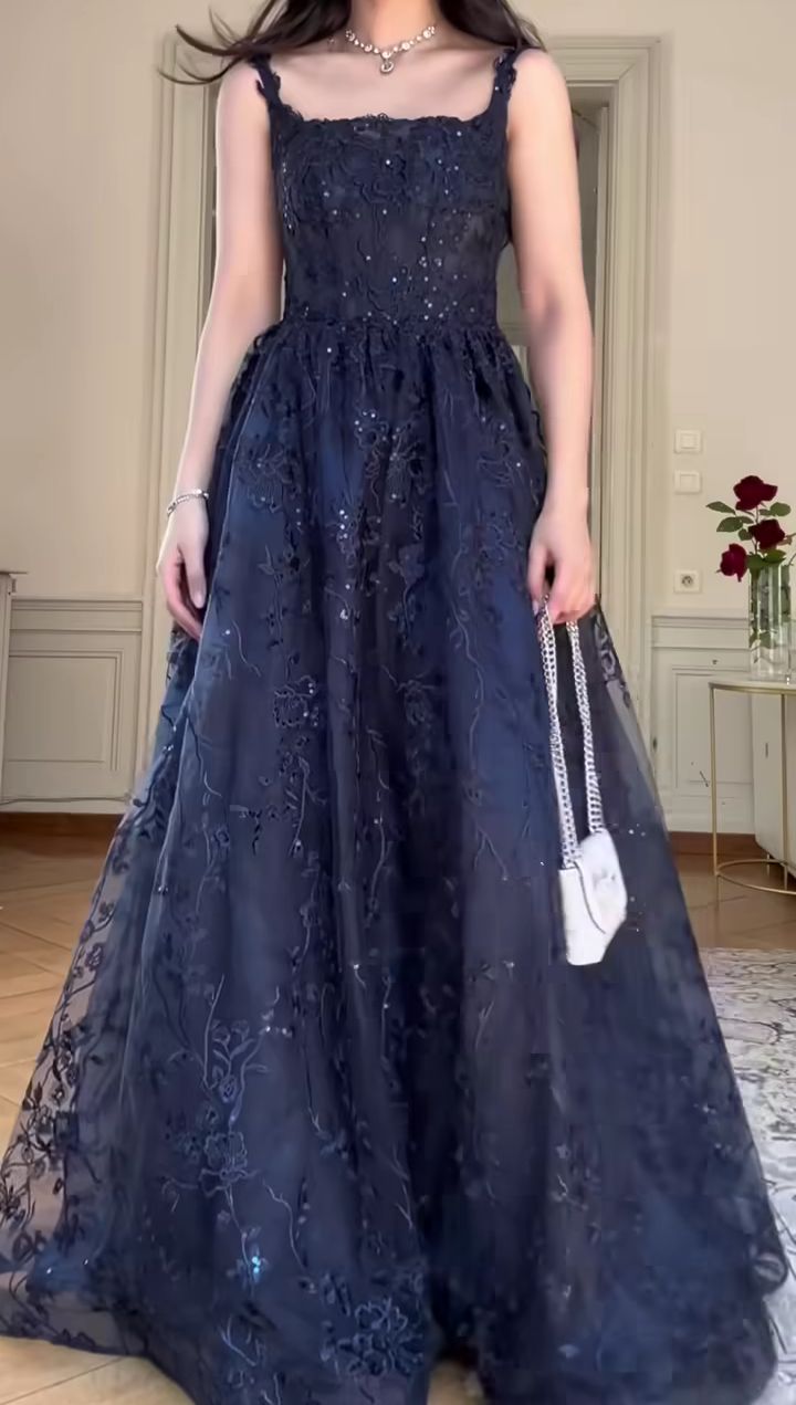 Elegant A Line Spaghetti Strap Appliques Tulle Prom Dress 16th Birthday Dress DP3473