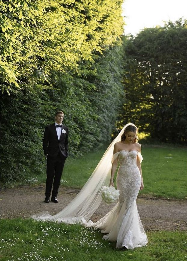 Gentle Mermaid Off the Shoulder White Lace Long Train Wedding Dress DP6850