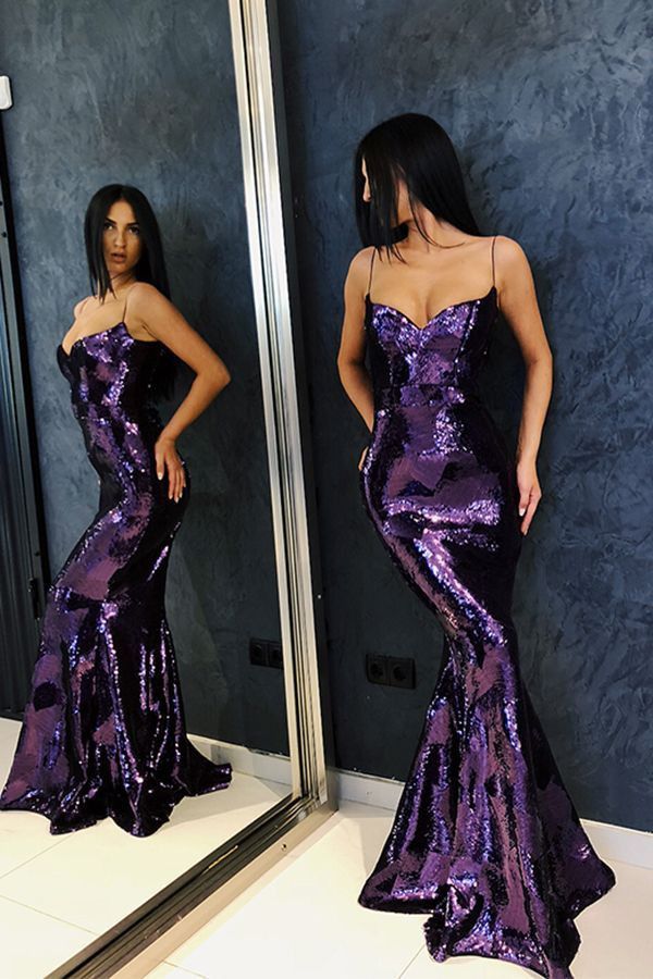 Shiny Purple Mermaid Spaghetti Straps Sequin Long Prom Dress Evening Dress DP6895