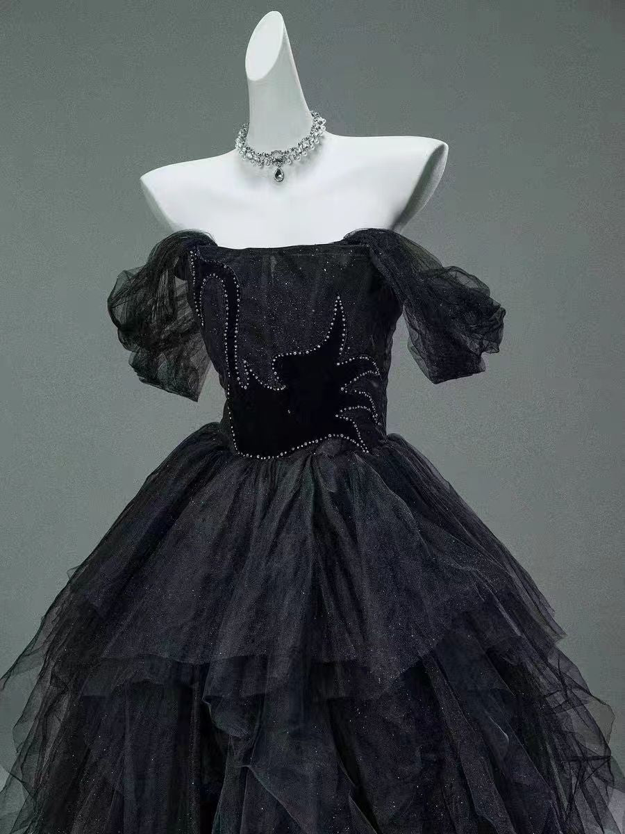Black A Line Off the Shoulder Tiered Beads Tulle Ball Gown Prom Dress DP1400