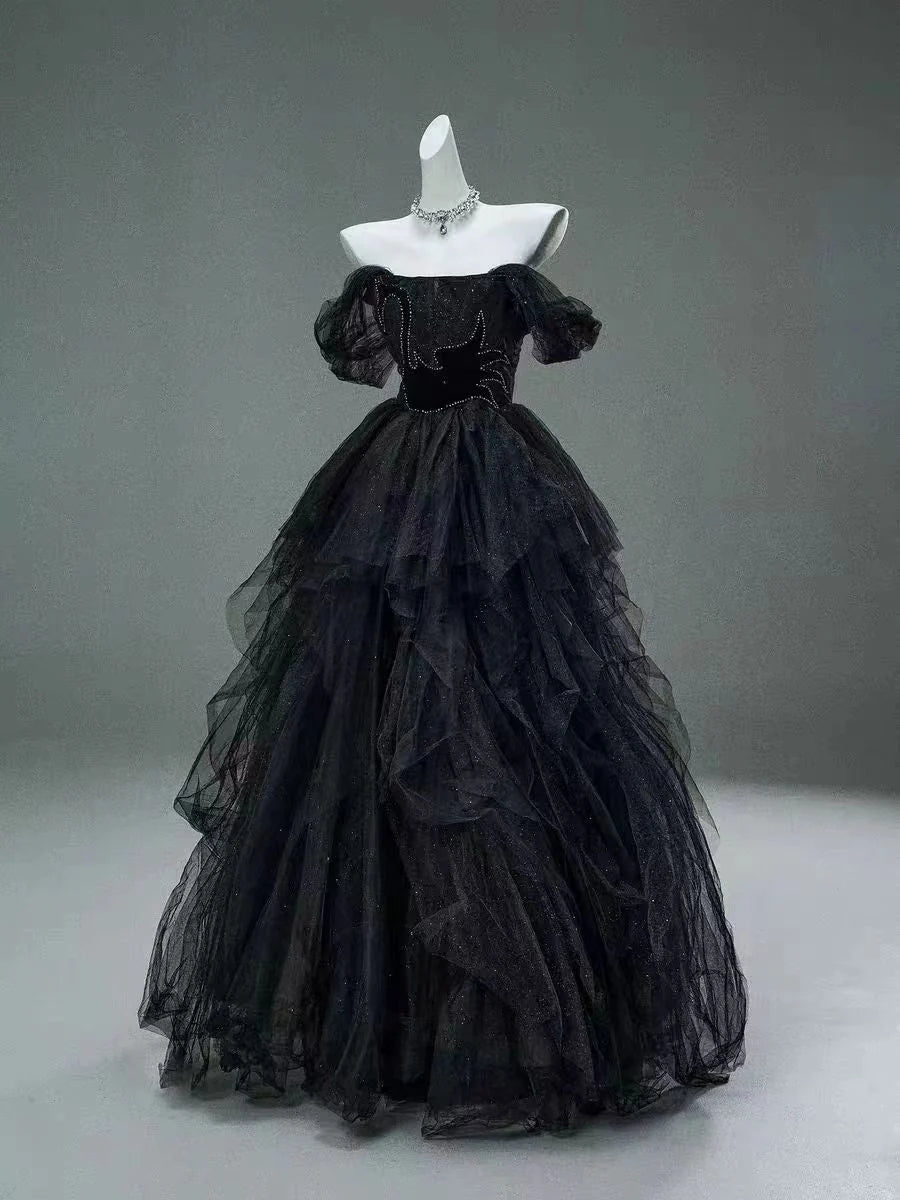 Black A Line Off the Shoulder Tiered Beads Tulle Ball Gown Prom Dress DP1400