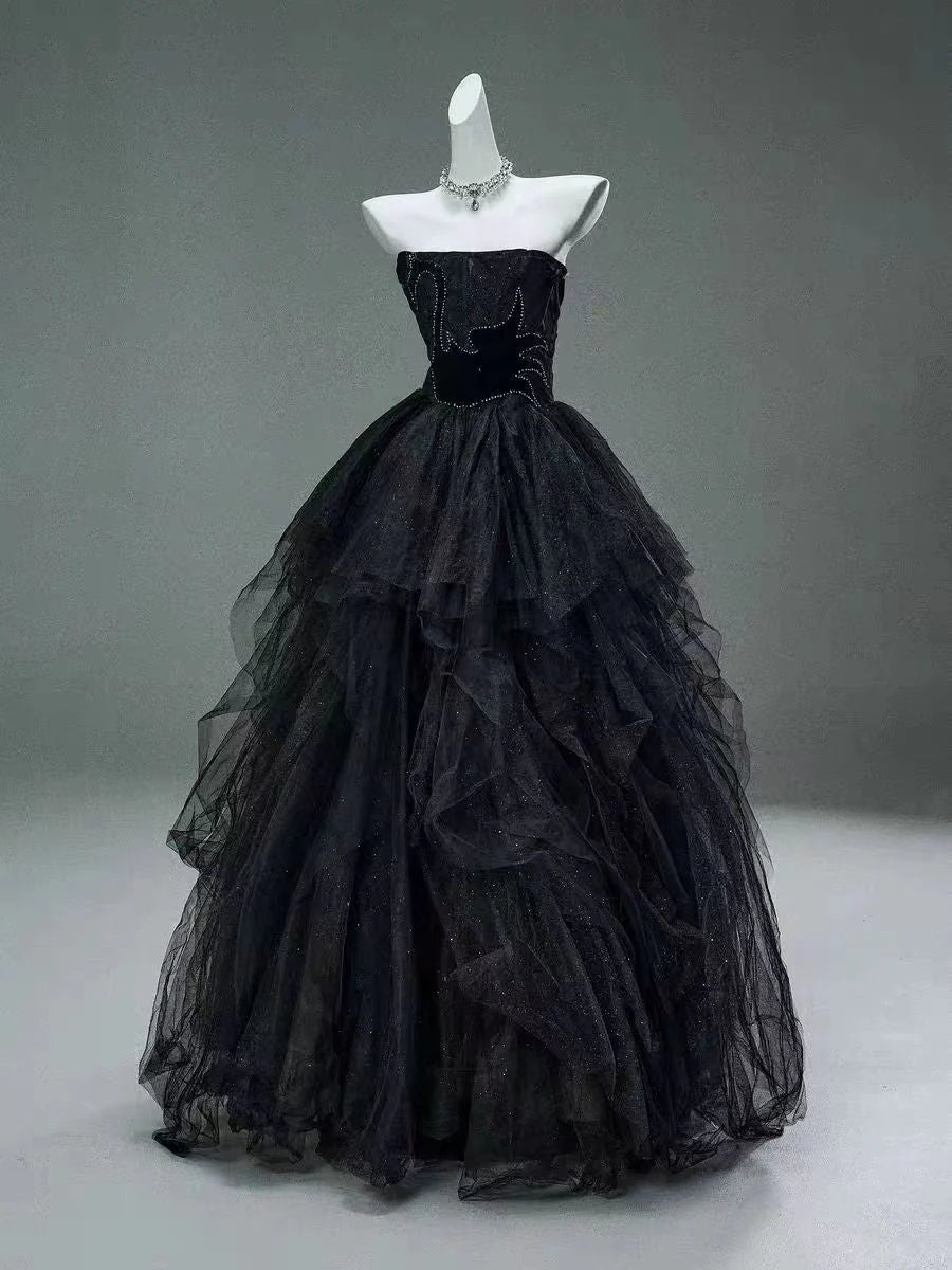 Black A Line Off the Shoulder Tiered Beads Tulle Ball Gown Prom Dress DP1400