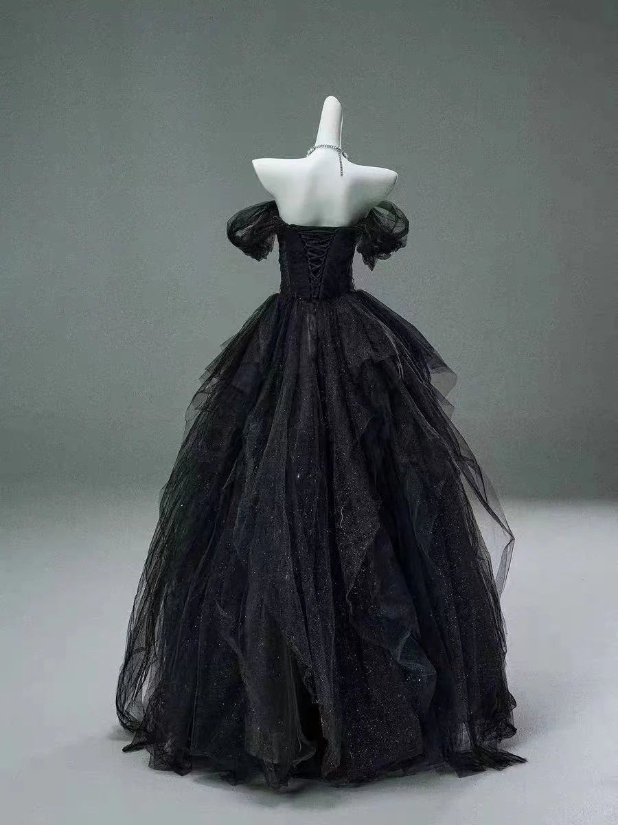 Black A Line Off the Shoulder Tiered Beads Tulle Ball Gown Prom Dress DP1400