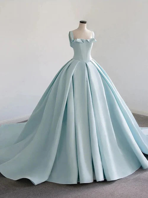 Light Blue Spaghetti Strap Satin Long Ball Gown Quinceanera Dresses DP873
