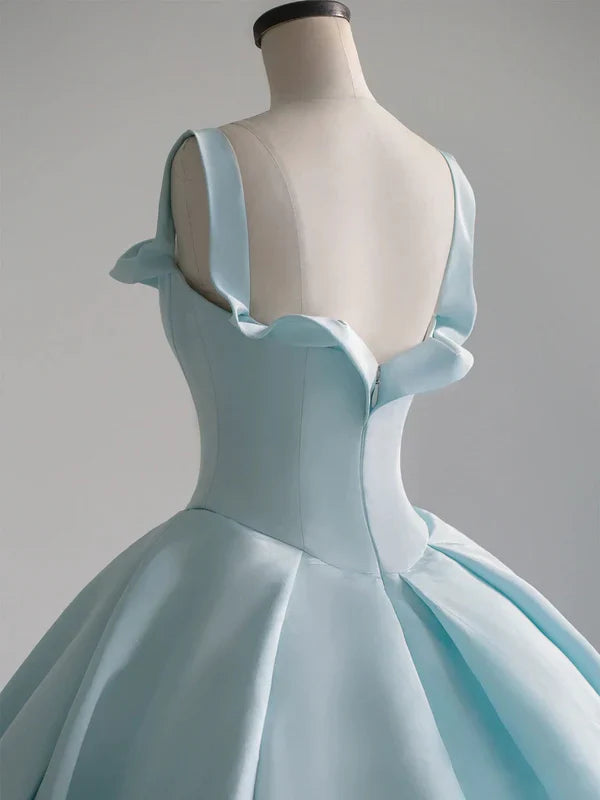Light Blue Spaghetti Strap Satin Long Ball Gown Quinceanera Dresses DP873