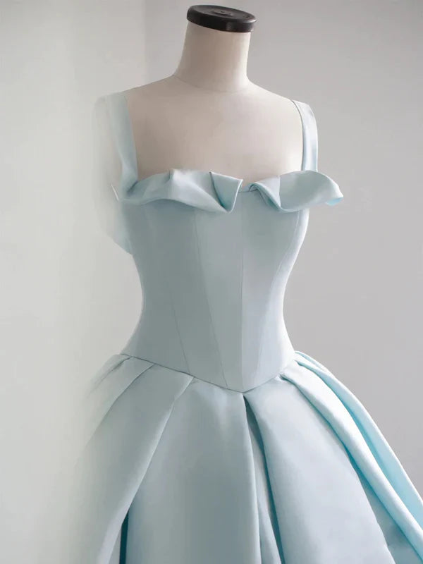 Light Blue Spaghetti Strap Satin Long Ball Gown Quinceanera Dresses DP873