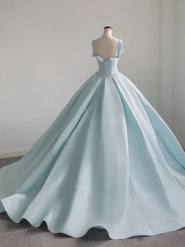 Light Blue Spaghetti Strap Satin Long Ball Gown Quinceanera Dresses DP873