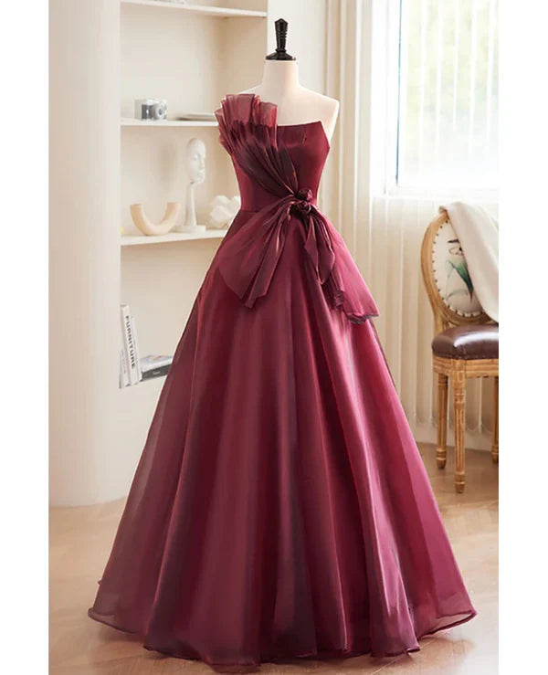 Burgundy A Line Strapless Tulle Long Prom Dress Evening Dress DP1133