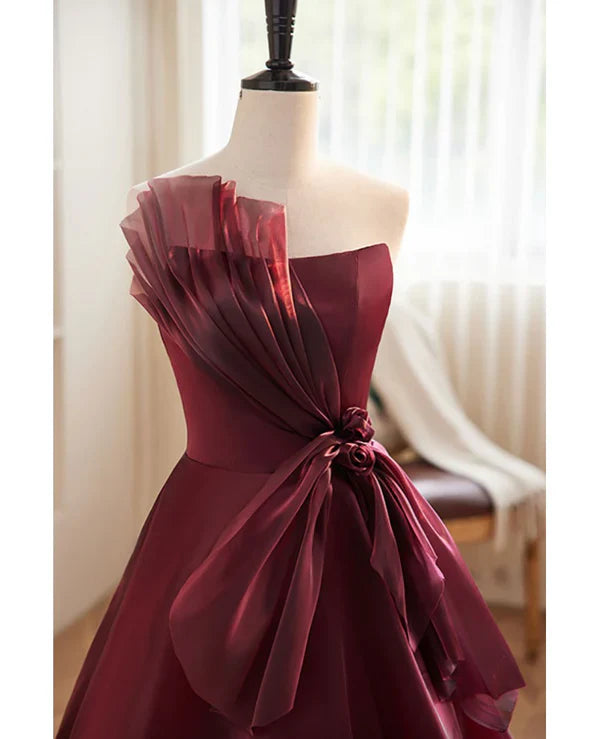 Burgundy A Line Strapless Tulle Long Prom Dress Evening Dress DP1133