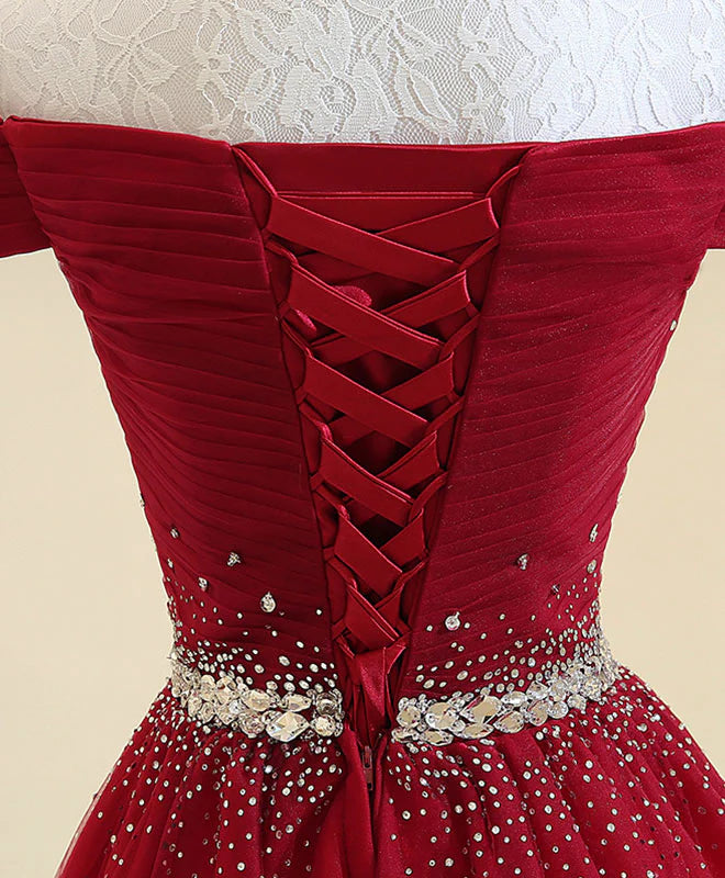 Burgundy Tulle Off Shoulder Long Prom Dress, Burgundy Evening Dress DP3368