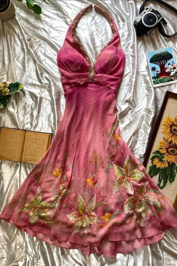 Halter Chiffon Flora Homecoming Dresses Birthday Dress Evening Dress DP7543