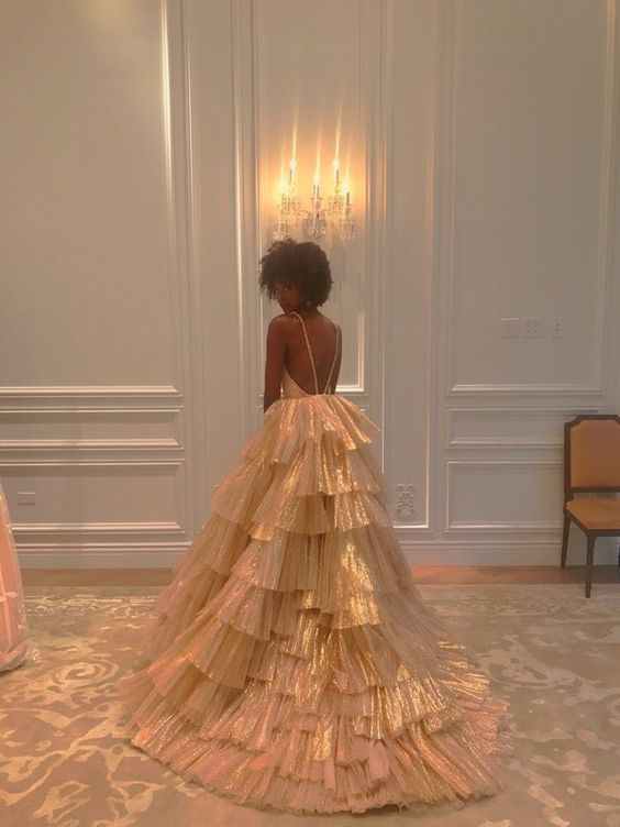 Golden Ball Gown V Neck Layered Tulle Backless Long Prom Dress Formal Dress DP3334