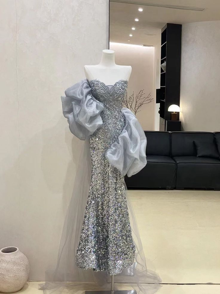 Silver Sequin Mermaid Sweetheart Neck Beaded Tulle Long Prom Dress Evening Dress DP2899