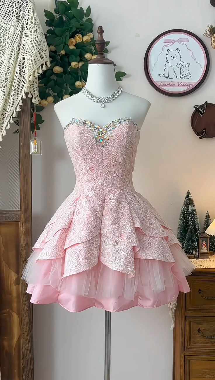 Pink Rhinestone Retro A Line Strapless Lace Tulle Short Homecoming Dress Cocktail Dress Outfits DP3144