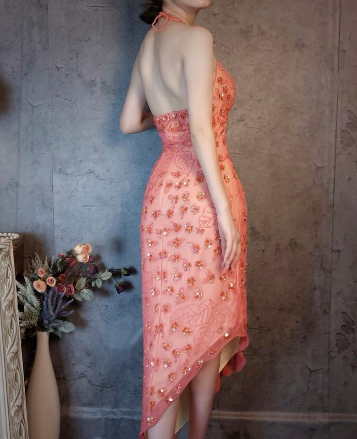 Stunning Sheath Halter Beaded Pink Chiffon Open Back Party Dress Evening Dress DP2366