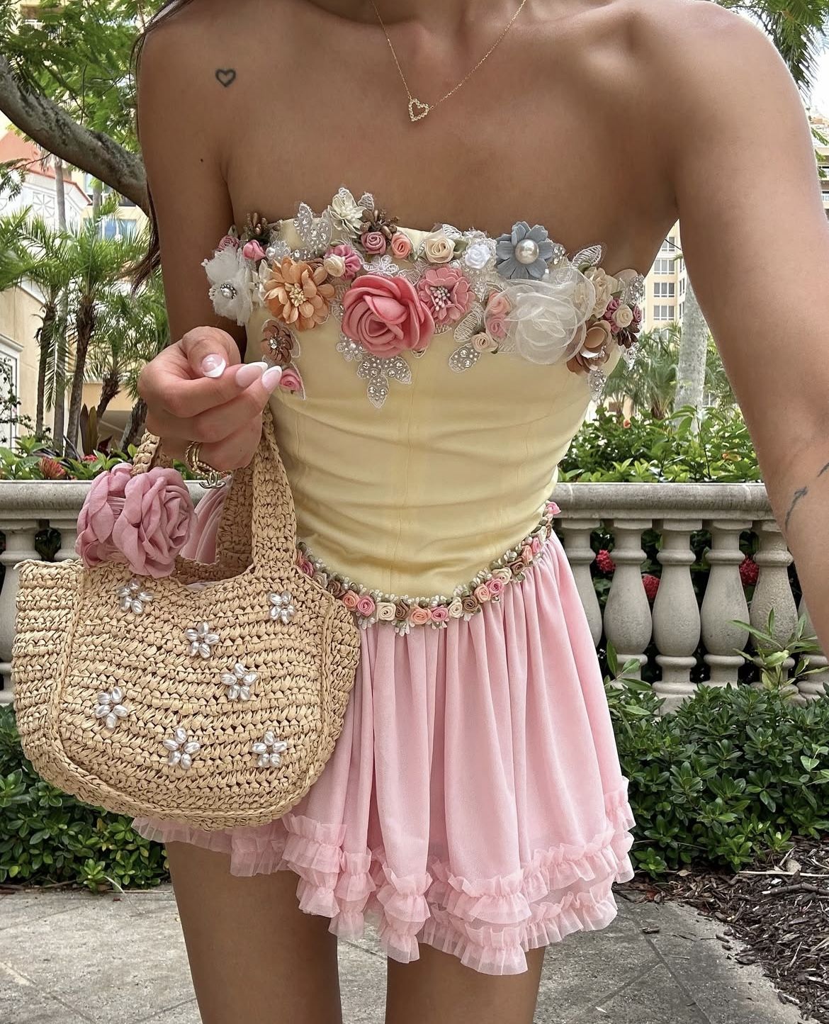 Floral Exquisite A Line Yellow Satin Pink Chiffon Short Homecoming Dress 20th Birthday Dress Outfits DP3387