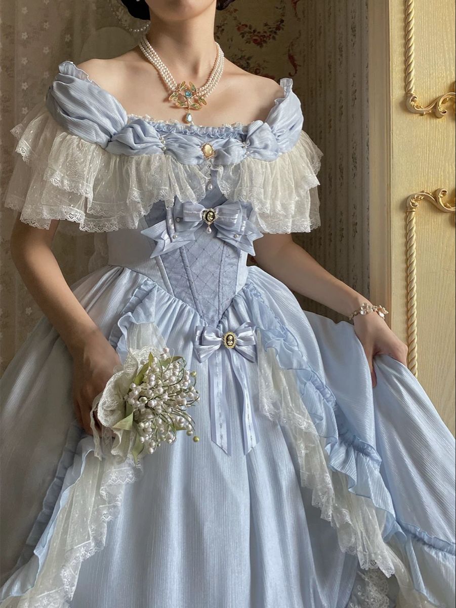 Ball Gown Off the Shoulder Layered Lace Blue Satin Prom Dress 18th Birthday Dress DP3384