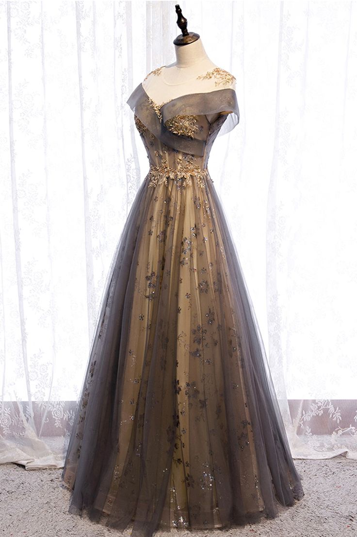 A Line Scoop Sequins Appliques Gray Tulle Long Prom Dress Evening Party Dress DP1369