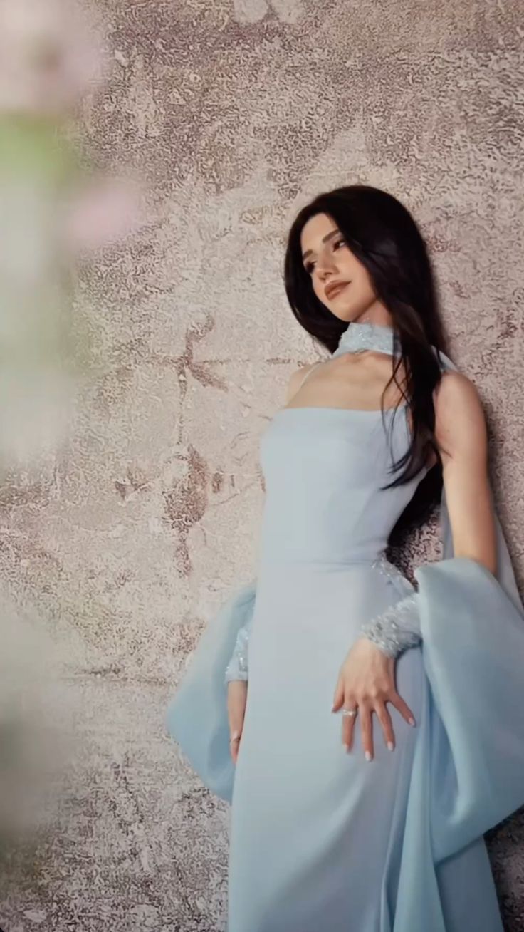 Baby Blue Sheath Spaghetti Strap Organza Satin Prom Dress Party Dress DP4203