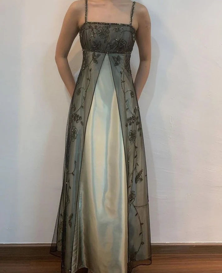Vintage A Line Spaghetti Strap Beaded Chiffon Satin Prom Dress Graduation Prom Dress DP2195