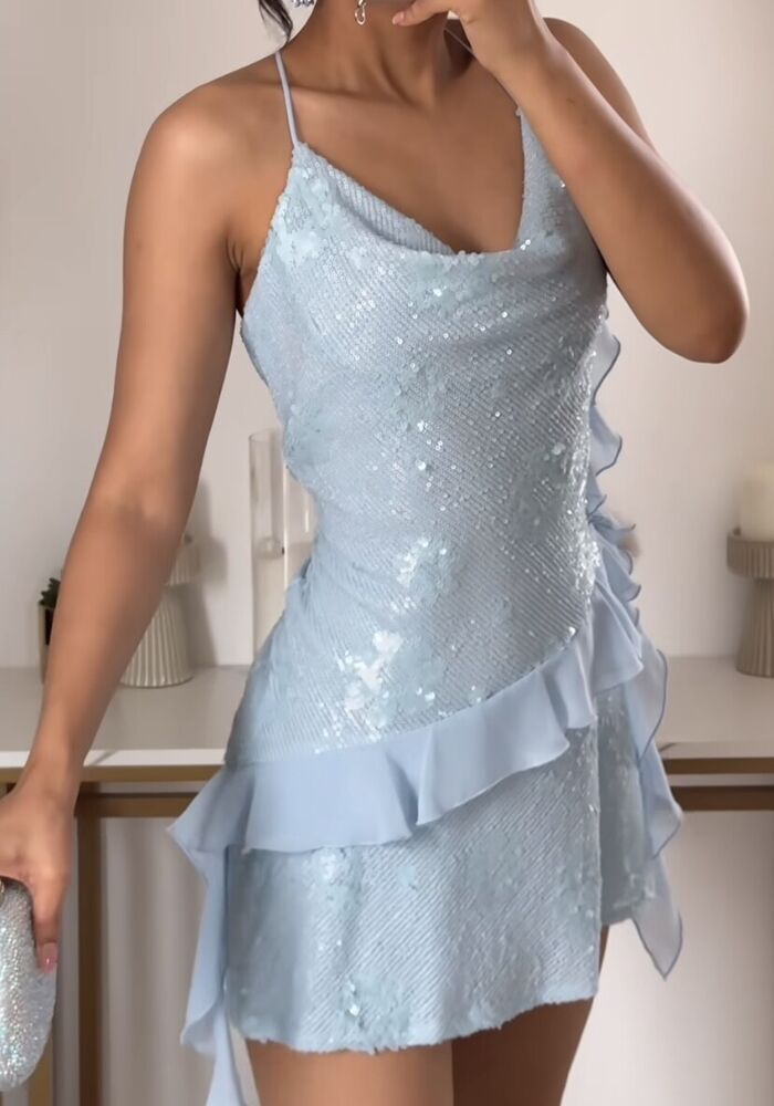 Blue A Line Spaghetti Strap Ruffle Chiffon Sequin Mini Homecoming Dress DP2760