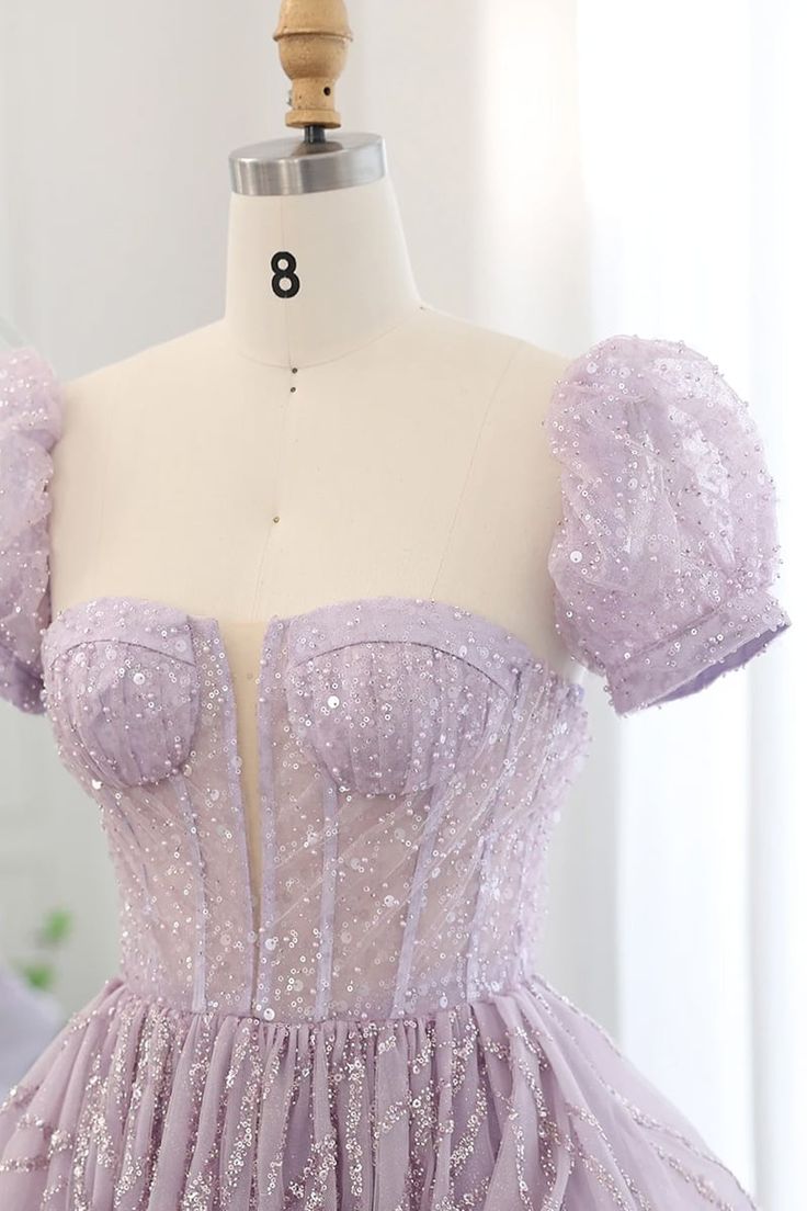 A Line Puff Sleeve Sequins Lavender Tulle Long Prom Dress Evening Dress DP1344