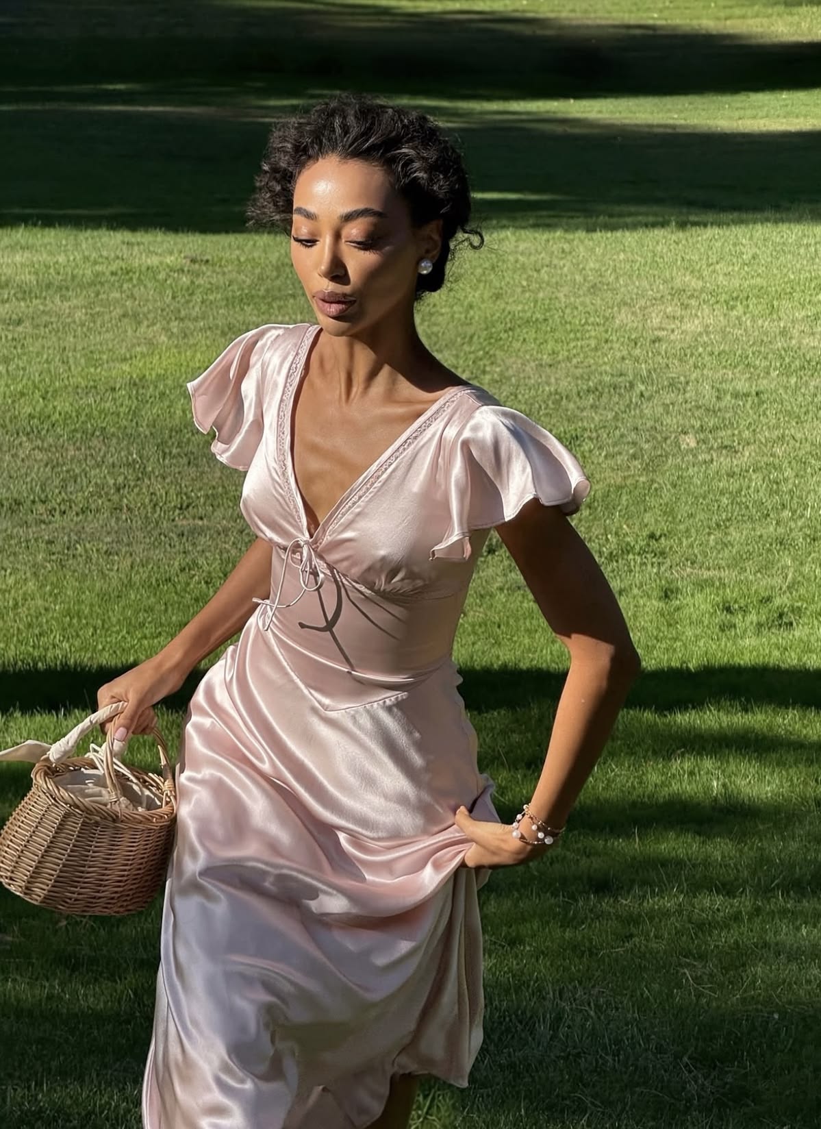 Light Pink A Line V Neck Satin Long Prom Dress Evening Dress DP7852