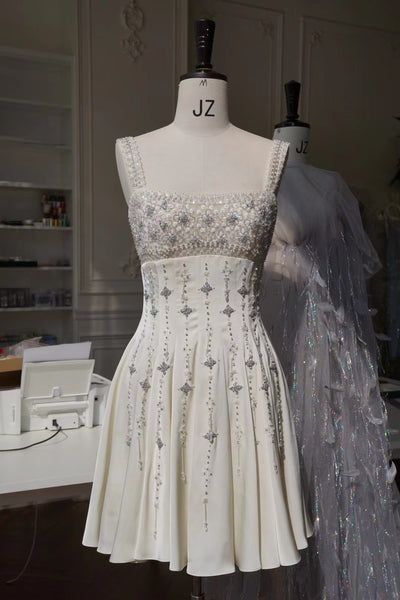 Gorgeous A Line Straps Beaded Rhinestone White Satin Short Homecoming Dress Birthday Dress DP2384