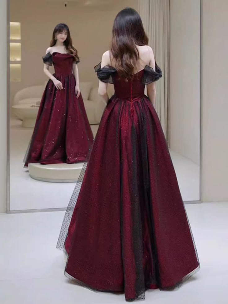 Elegant A Line Off the Shoulder Black Tulle Burgundy Satin Long Prom Dresses Evening Gowns DP4208