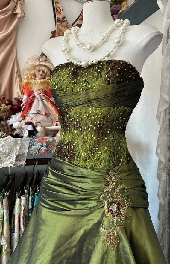 Green Classic A Line Strapless Sequin Lace Satin Prom Dress Graduation Prom Dress DP1991