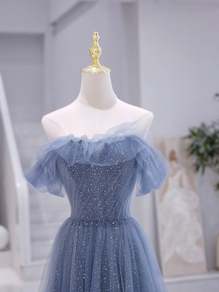 Elegant A Line Off the Shoulder Sequins Blue Tulle Long Prom Dress Evening Dress DP1352
