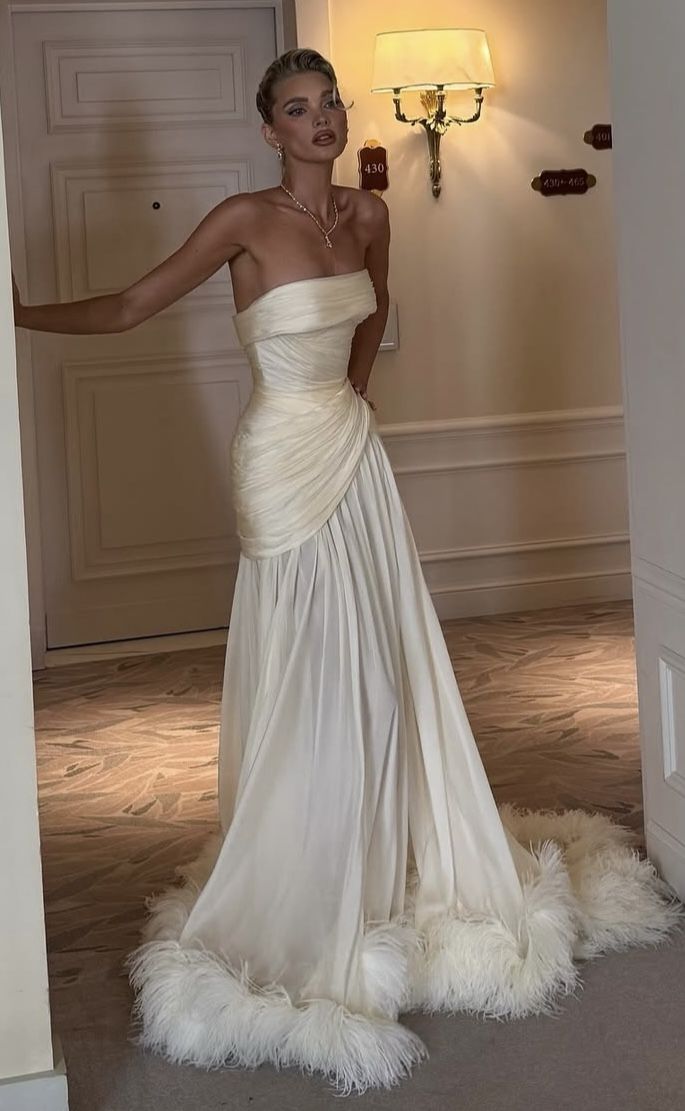 Light Champagne A Line Strapless Feather Chiffon Evening Dress Cocktail Dress DP2855