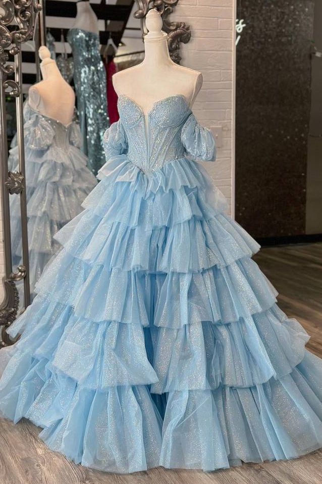 A Line Off the Shoulder Sequins Layered Blue Tulle Prom Dress with Slit DP1207