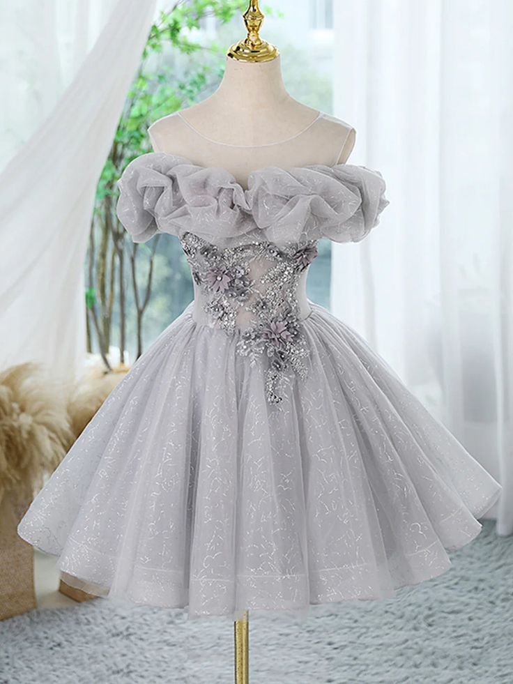 A Line Round Neck Gray Lace Sequins Tulle Short Homecoming Dresses DP836