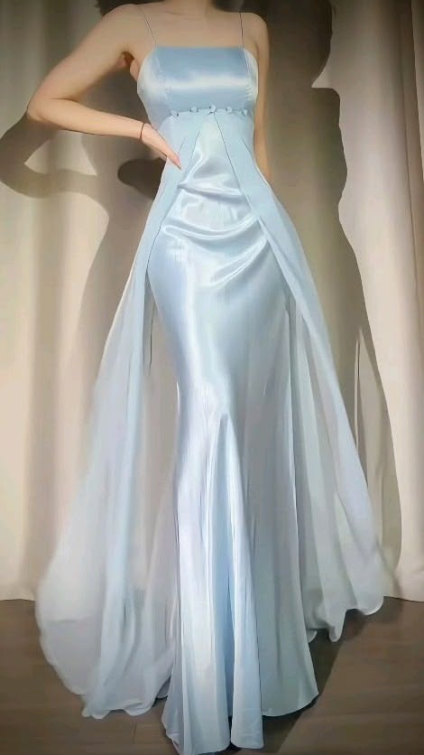 Vintage Baby Blue A Line Straps Chiffon Satin Prom Dress Evening Dress DP5619