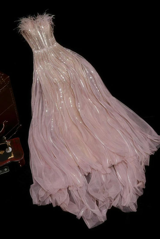 Pink A Line Strapless Sequin Feather Tulle Long Prom Dress Evening Dress DP2062