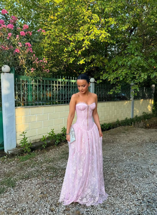 Gentle A Line Sweetheart Neck Pink Lace Long Prom Dress Party Dress DP4130