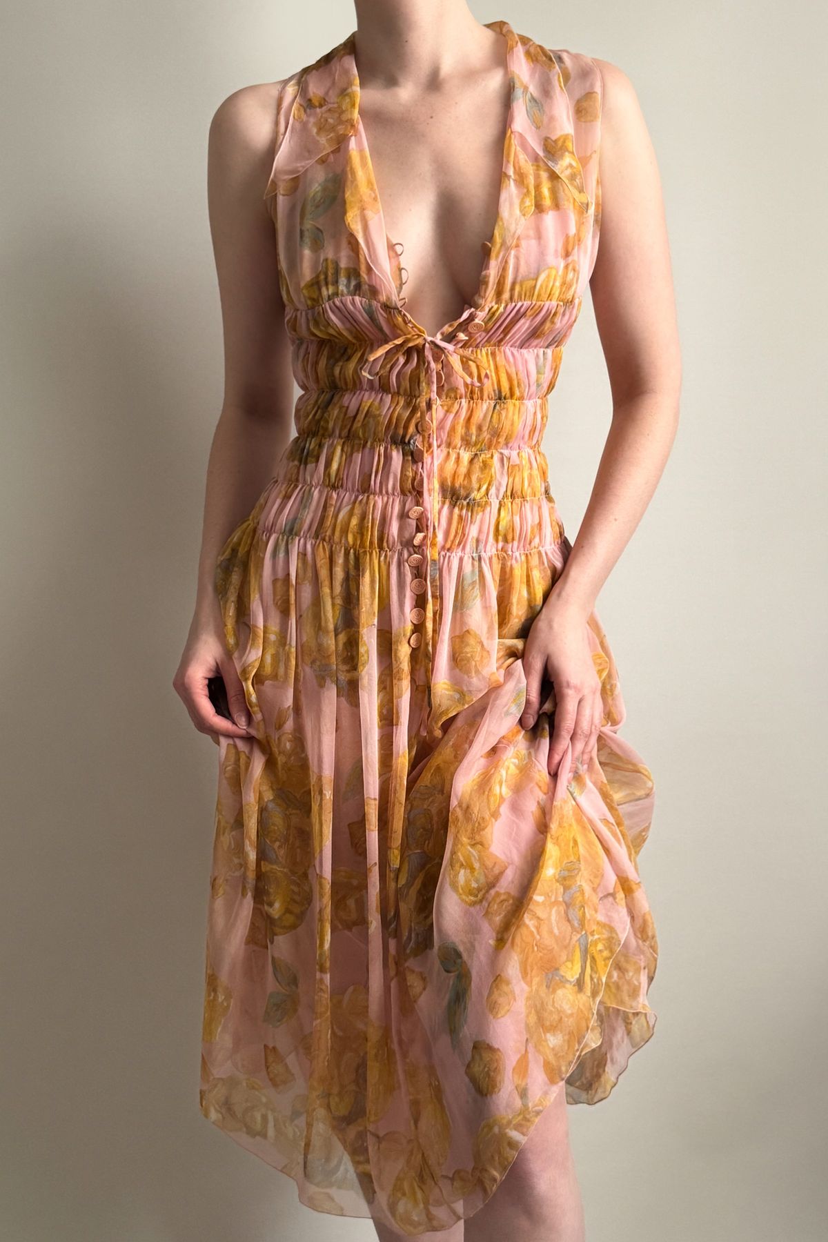 Vintage A Line V Neck Yellow Print Floral Chiffon Short Homecoming Dress Cocktail Dress DP5489