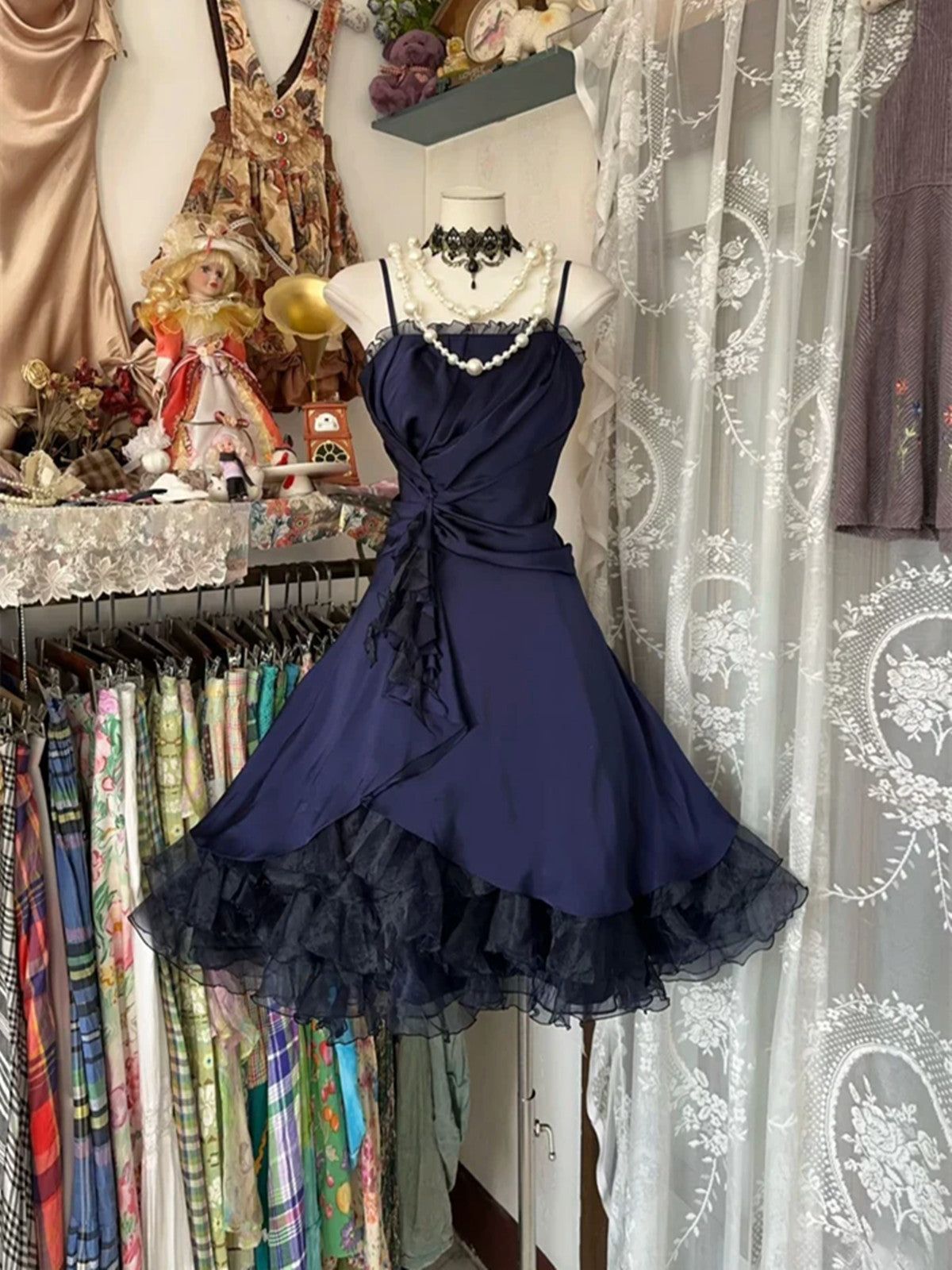 Cute Navy Blue Knee Length Straps Short Party Dress Navy Blue Homecoming Dress DP4007